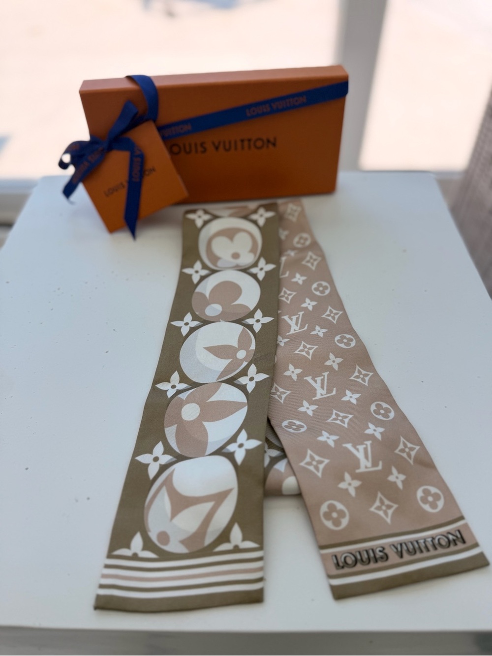 Louis Vuitton Olive & Beige Monogram Silk Hair Twilly